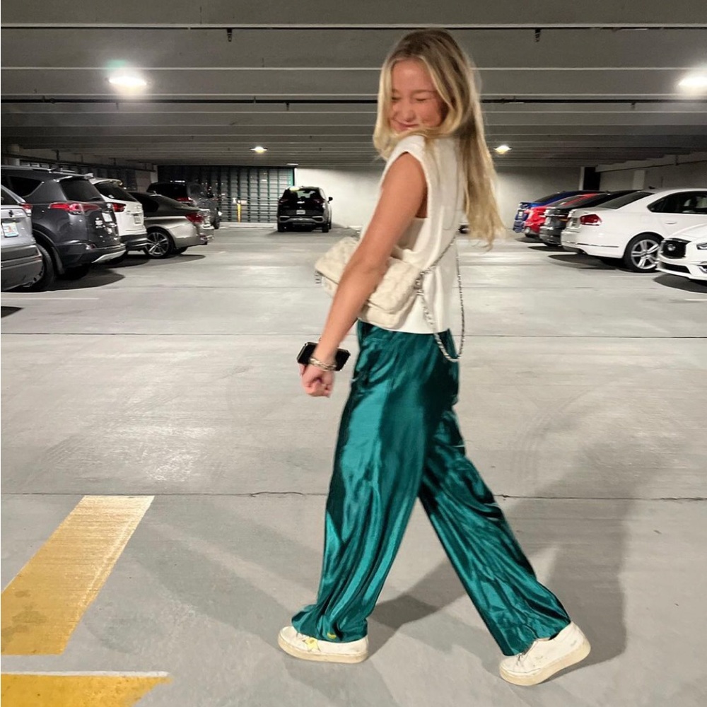 MM Designs Emerald Green Satin Pants w/ Yellow Heart Detail